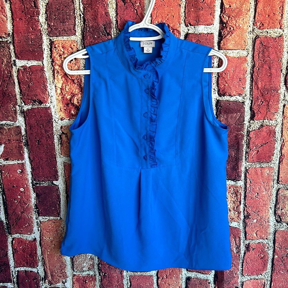 J Crew Shirt Womens 6 Blue Sleeveless Half Button Up Ruffle Polyester Large